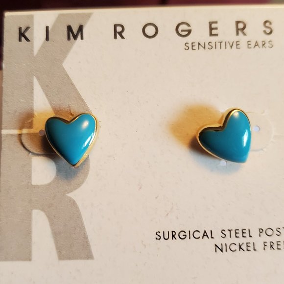Gold Tone Teal Kim Rogers Heart Theme Stud Earring - Picture 1 of 2